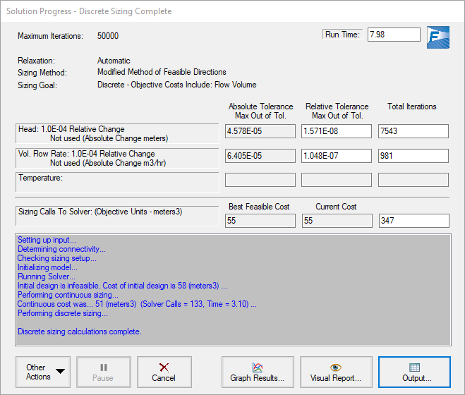 The Solution Progress window showing the progress of the sizing calculation.